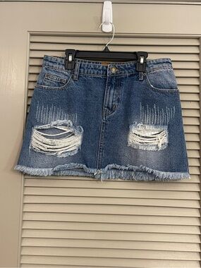 POL Distressed Blue Denim Mini Skirt with Frayed Hem